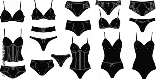 Women lingerie vector illustration set, black and white underwear silhouettes collection, bras panties bodysuits corsets, elegant fashion design