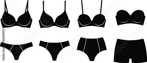 Women underwear vector icon set, black and white lingerie silhouettes collection, bra and panties shapes, minimal fashion illustration design