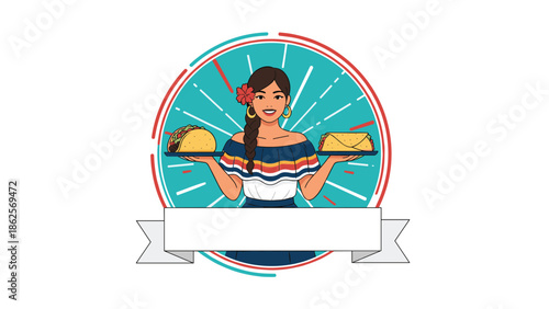Smiling Mexican woman in traditional dress with a flower in her hair, serving a taco and a burrito on plates for a restaurant logo.