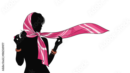 Silhouette of a stylish woman with bracelets on her wrists adjusting a beautiful pink and white striped scarf around her head.