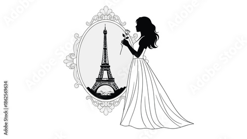 Elegant silhouette of a woman in a long flowing gown holding a single rose and looking at the Eiffel Tower in an ornate mirror.