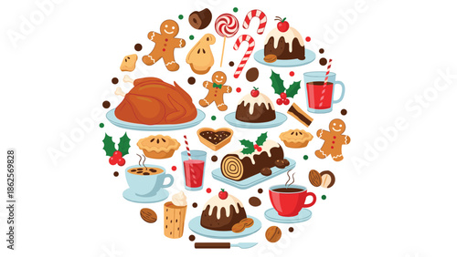 Festive collection of traditional Christmas food and holiday treats arranged in a circle, including turkey, pudding, and gingerbread.