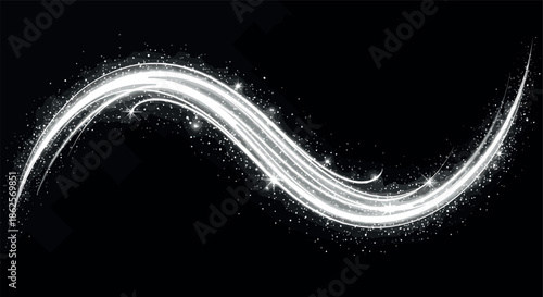 Sparkling white light trail with glowing magic dust and stardust effects in a curved wave pattern on a black background vector.