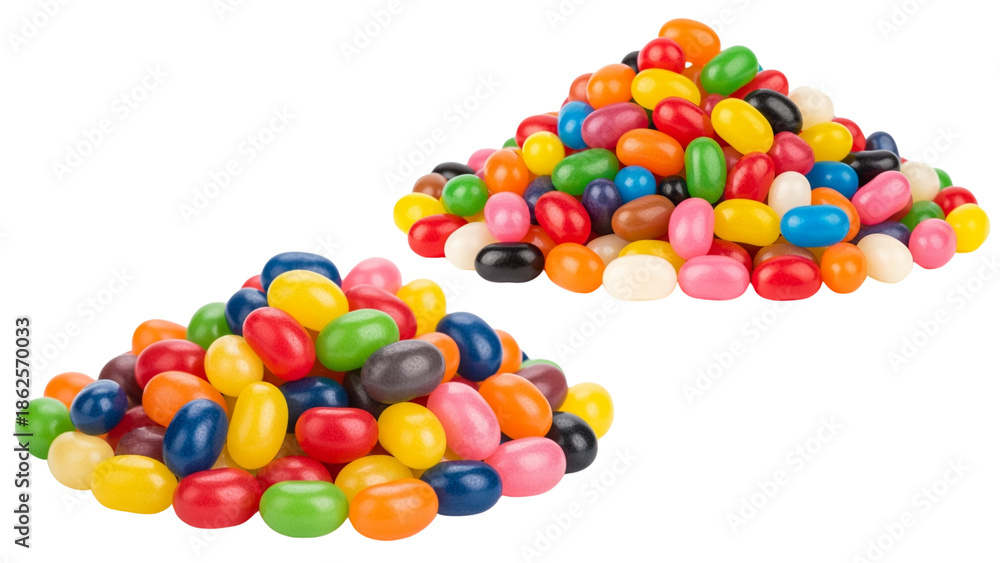 Fototapeta premium A vibrant composition featuring two colorful piles of candy with various shades and shapes against a transparent backdrop