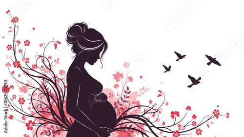 Beautiful silhouette of a pregnant woman tenderly holding her belly, surrounded by pink flowers, vines, and flying birds.