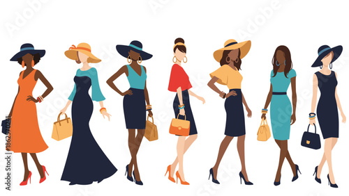 Group of diverse and stylish women in fashionable dresses and wide-brimmed hats walking together against a white background.