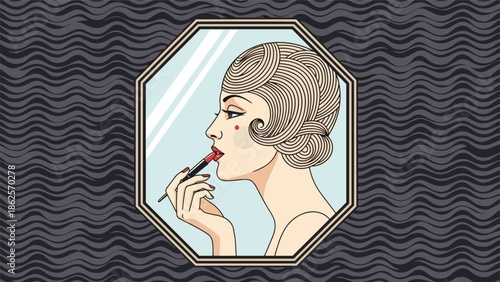 Art deco illustration of a 1920s flapper girl with finger wave hair applying red lipstick while looking in an octagonal mirror.