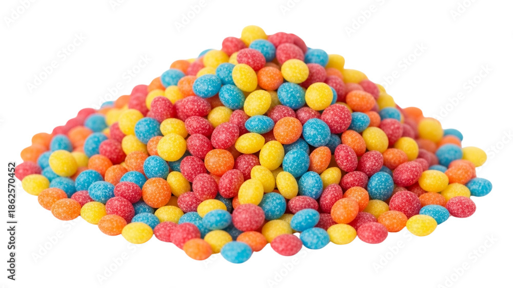 Obraz premium A vibrant pile of colorful, candy-coated sweets, resembling small pebbles, against a stark black background