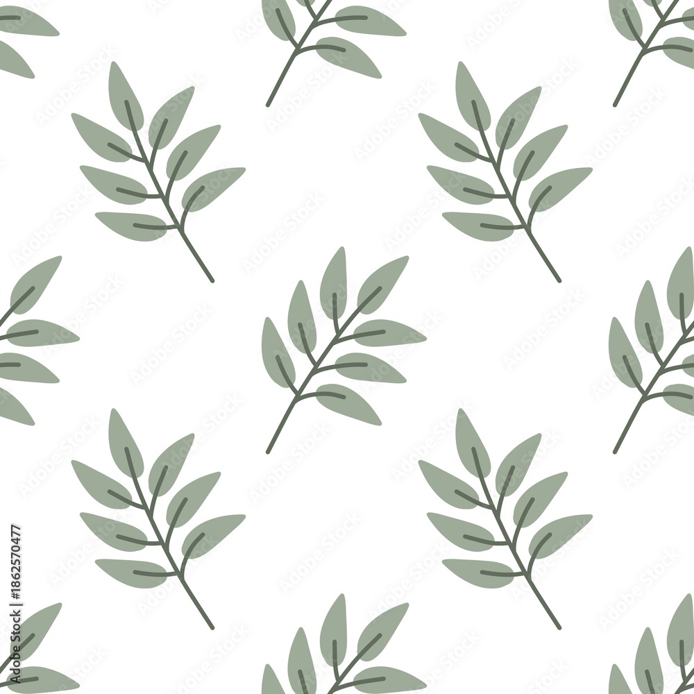 Fototapeta premium Minimalist Botanical Seamless Pattern with Sage Green Leaves