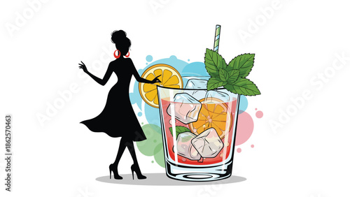 Black silhouette of a dancing woman next to a refreshing summer cocktail with ice, orange slices, mint, and a straw.
