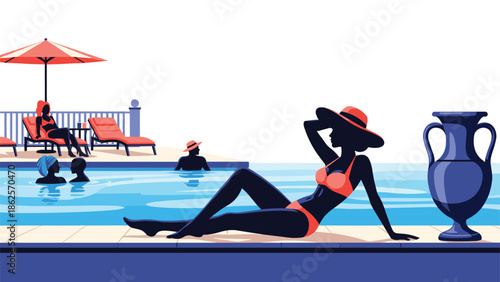 Stylized illustration of people relaxing by a swimming pool, with a woman in a bikini and hat sunbathing in the foreground.
