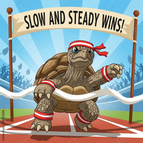 Tortoise wearing athletic gear crossing finish line.