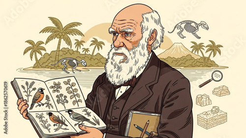 Charles Darwin Reading Book on Tropical Island with Prehistoric Animals