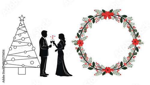 Romantic Christmas design elements, including a couple toasting with wine, a decorated tree, and a beautiful festive floral wreath.