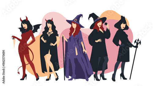Group of five women dressed in various Halloween costumes, including a devil, vampire, and witches, ready for a costume party.