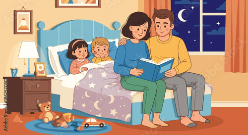 Family Reading Together Before Bed.