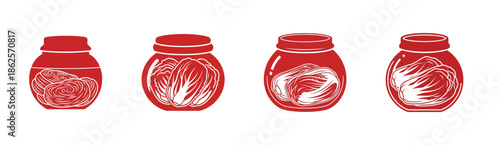 Four red jars containing a red liquid and some white substance, possibly jam or preserves.