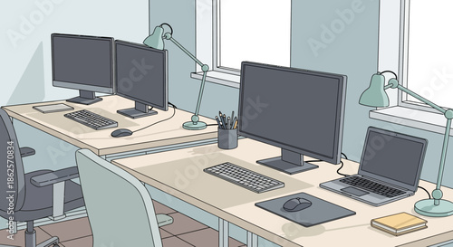 Modern Office Workspace with Multiple Computer Monitors and Desks.