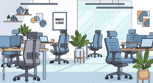 Modern Office Workspace with Ergonomic Chairs.