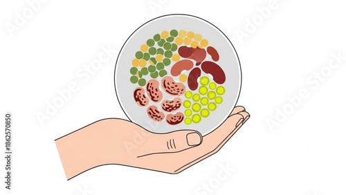 Hand Holding Plate with Assorted Food, Healthy Meal, Isolated on White