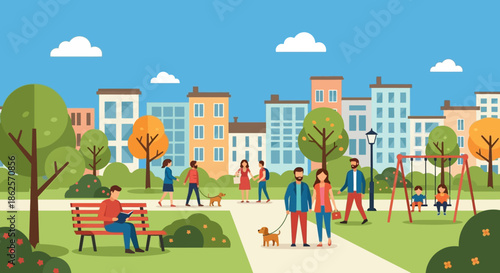 People Walking in Urban Park Scene.