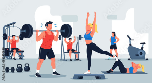 People Exercising in Modern Fitness Gym.