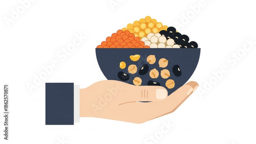 Hand Holding Bowl of Mixed Nuts and Dried Fruits, Healthy Snacking, Isolated on White