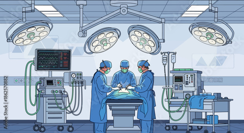 Surgeons performing operation in modern operating room with medical equipment.