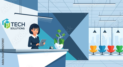 Woman Working at Modern Reception Desk.