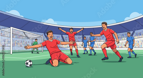 Soccer Players in Red Uniforms Playing.