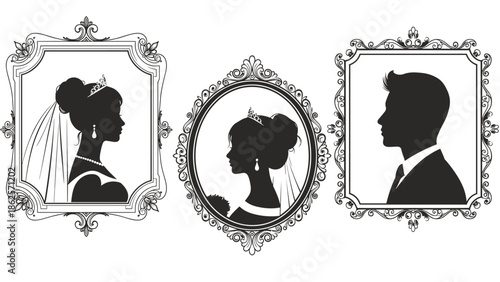 Set of three vintage-style wedding portraits featuring silhouettes of a bride and groom in ornate decorative baroque frames.