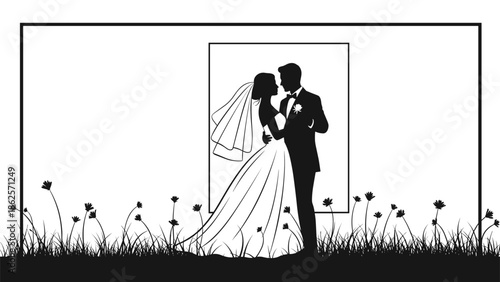 Romantic silhouette of a bride and groom dancing together in a field of flowers, framed by a simple modern border.
