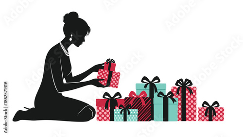 Elegant silhouette of a woman in a classic dress and pearls, kneeling to arrange a collection of beautifully wrapped gift boxes.