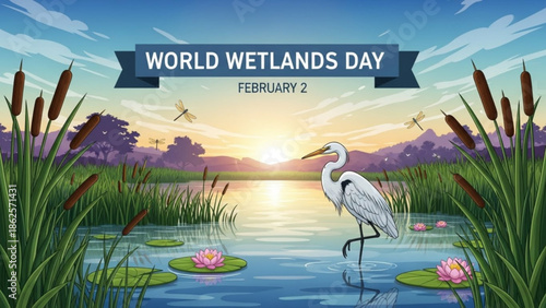 White Egret Standing on Lily Pad in Serene Wetland Landscape during Sunset