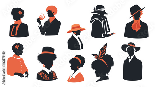 Set of ten vintage-style female silhouettes and portraits, showcasing various retro hats, hairstyles, and accessories from different eras.