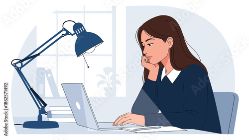 Young woman sitting at her desk with a lamp and books, looking thoughtfully at her laptop while working or studying online.