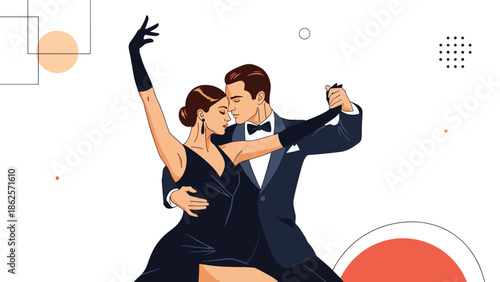 Passionate and elegant couple in formal attire performing the tango, set against a modern background with abstract geometric shapes.