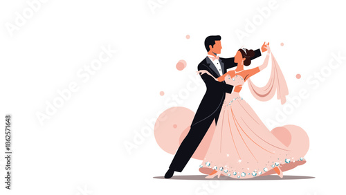 Beautiful bride and groom in a tuxedo and wedding gown having their first dance, surrounded by soft pink abstract circles.