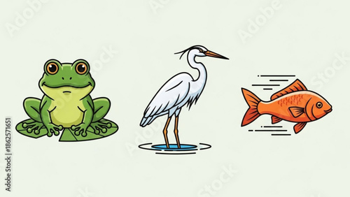 Cartoon Frog, Heron, and Fish Illustration Set on White Background
