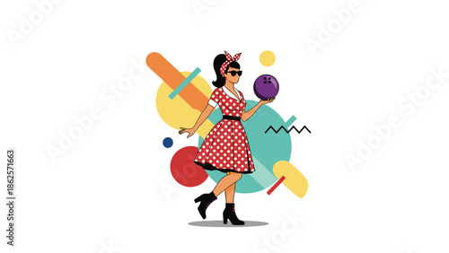 Retro 1950s style pin-up girl in a polka dot dress and sunglasses holding a bowling ball against a colorful abstract background.