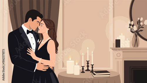 Elegant, formally dressed couple embracing in a romantic, candlelit room with a fireplace, creating a cozy and intimate atmosphere.