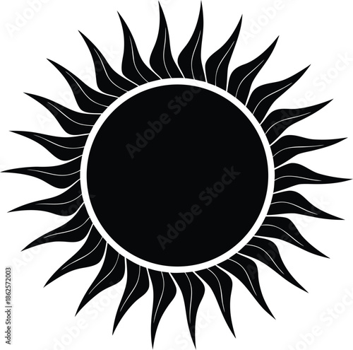 Black sun silhouette with pointed rays on white background
