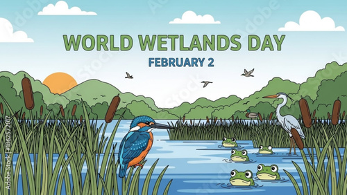 Kingfisher Bird Standing on Rock in Wetlands with Frogs and Herons during World Wetlands Day