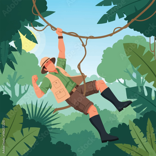 Man swinging on rope in jungle.