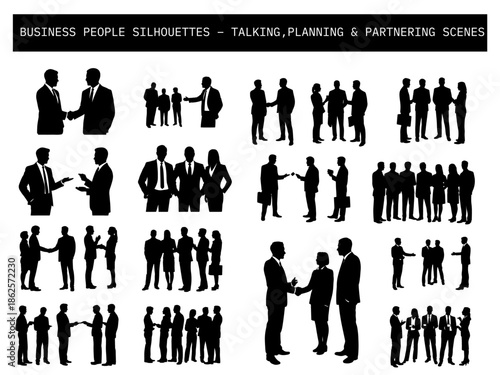 Silhouette icons of business professionals in meetings, handshakes, planning, and collaborative gestures.