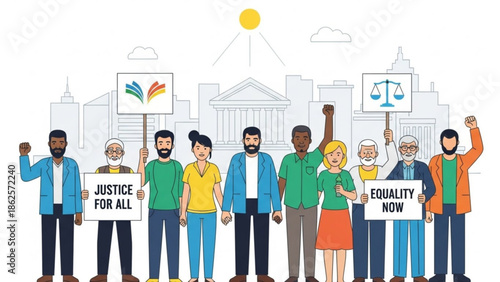 Diverse Group of People Protesting for Justice and Equality in Front of Government Building