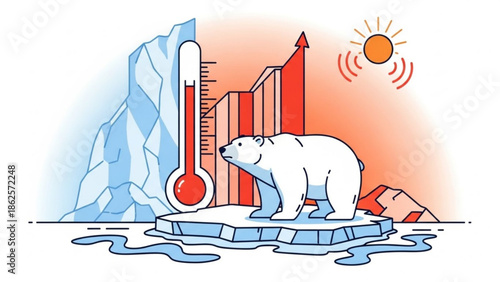 Polar Bear Standing on Melting Ice with Rising Temperature Graph and Sun