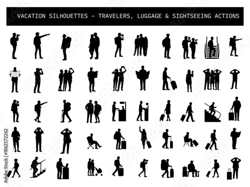 Silhouette icons of travelers walking, sightseeing, taking photos, reading maps, and using luggage.