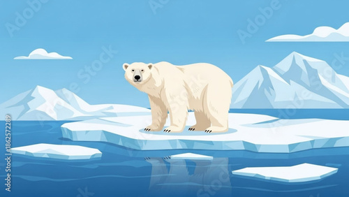 Polar Bear Standing on Iceberg in Arctic Ocean during Global Warming