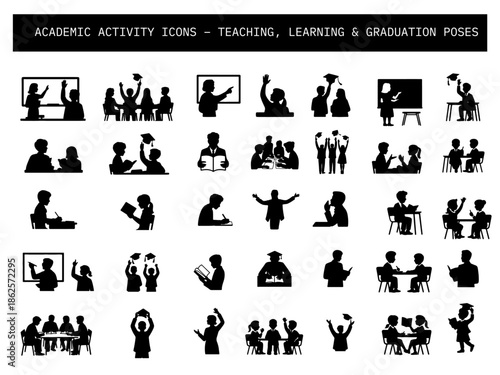 Silhouette icons of teaching, learning, reading, writing, group discussion, and graduation scenes